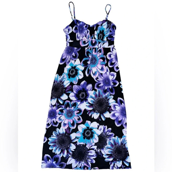 Elle Floral Midi Dress Black Purple Size Medium Bohemian Summer Travel Colorful - Picture 4 of 4